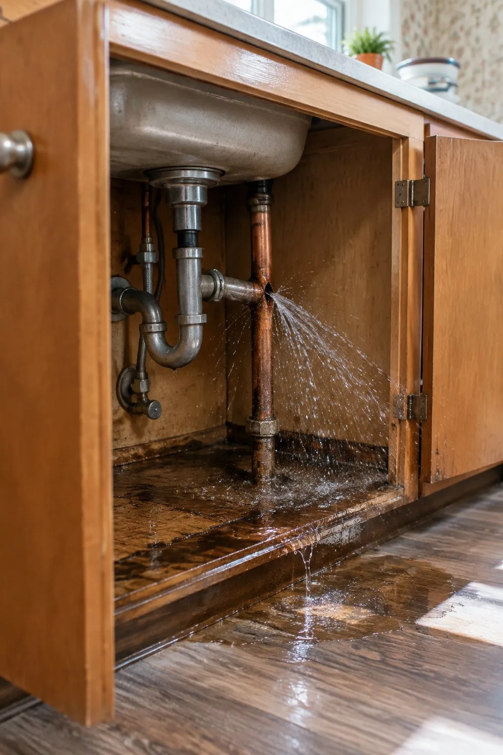 Split copper supply line spraying water inside an open kitchen sink cabinet