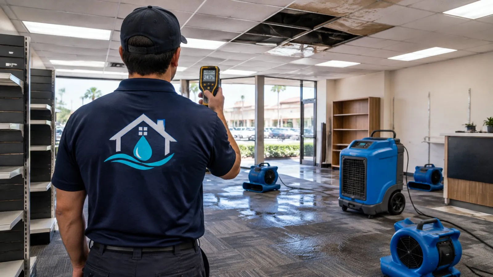 Technician with a moisture meter in a store with wet carpet tiles, missing ceiling tiles and drying equipment