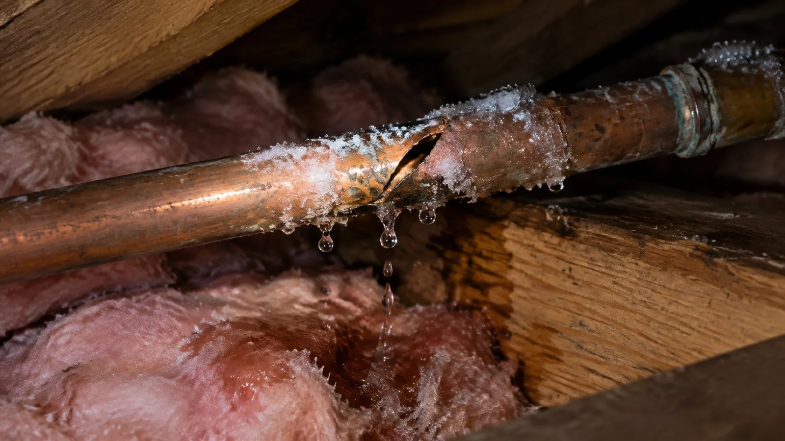 Burst copper pipe crusted with ice in an attic, dripping onto the joists and insulation