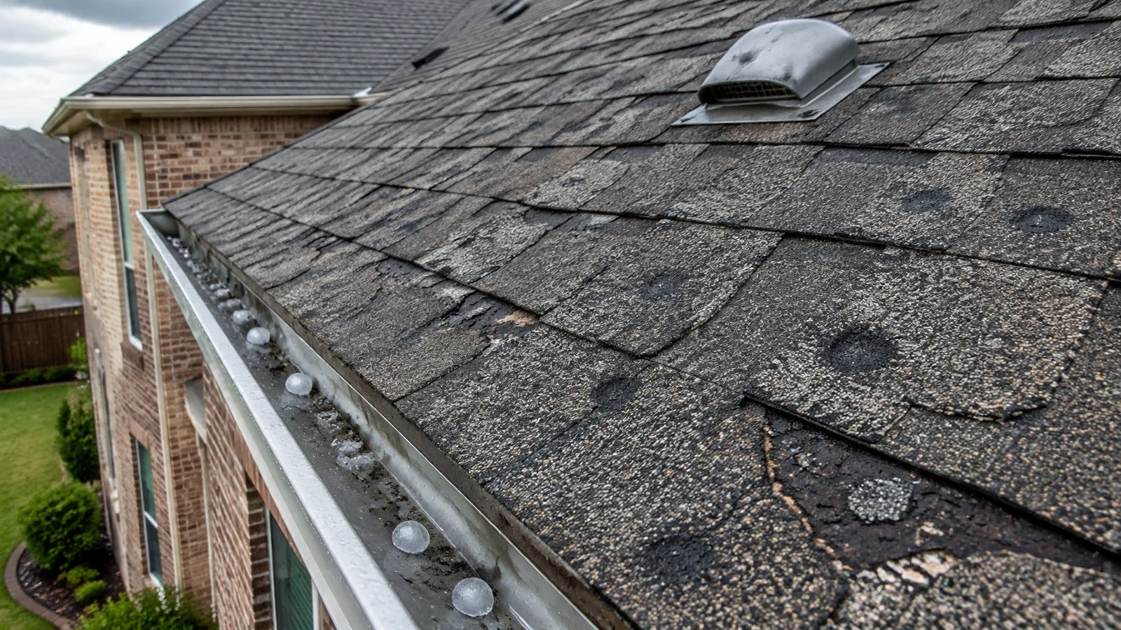 Composition shingle roof with hail bruises and torn shingles, hailstones in the gutter