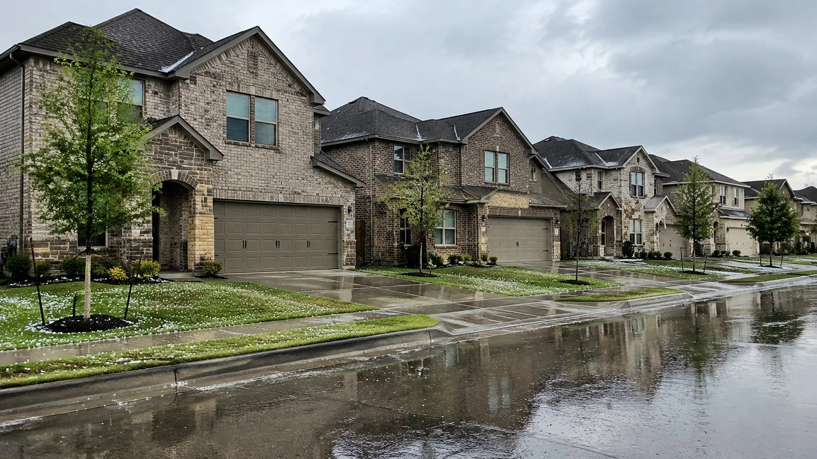 Two-storey brick homes on a wet Frisco street under a grey sky after a severe thunderstorm