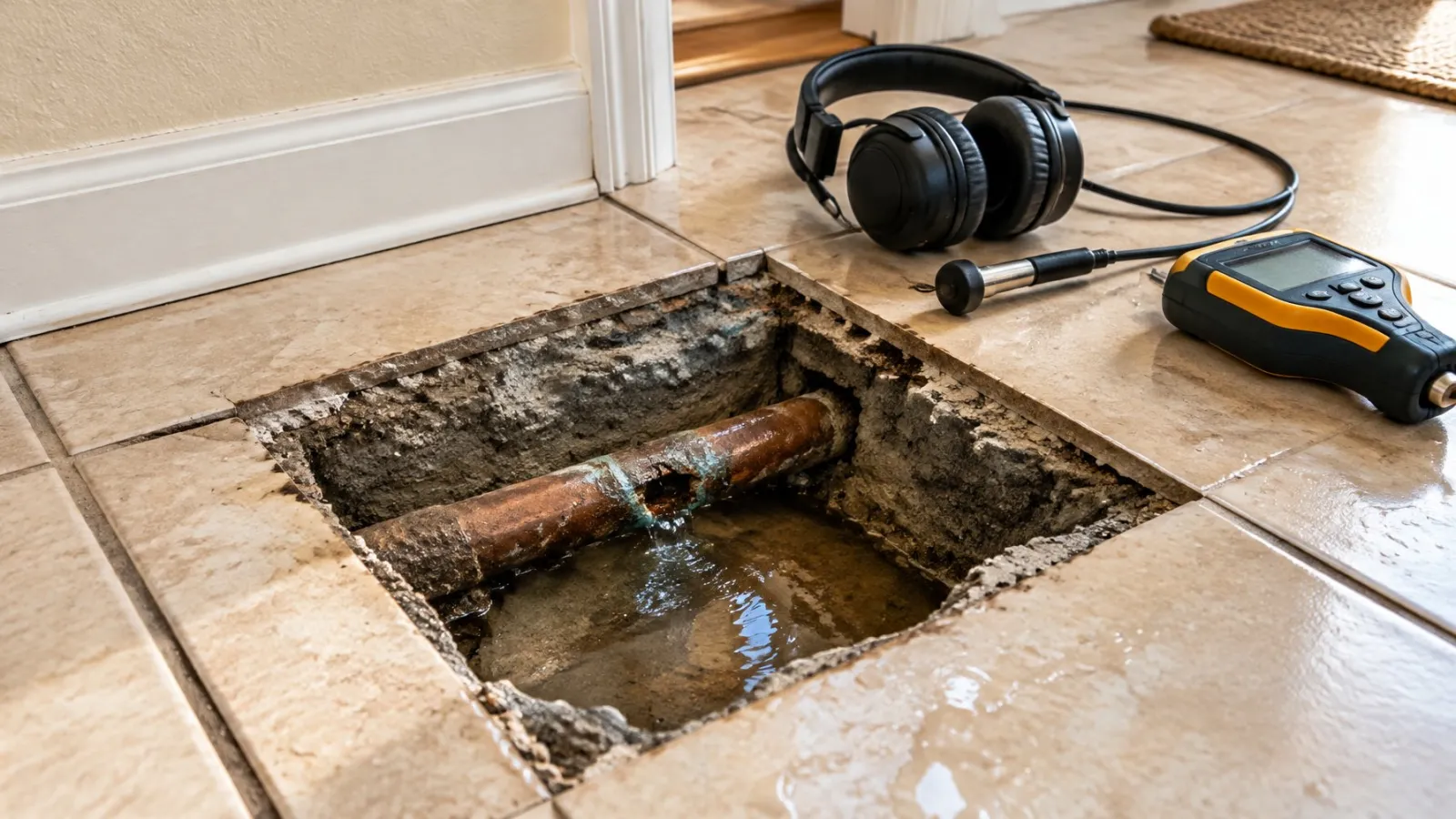 Tile floor cut open to show a corroded copper pipe leaking into the concrete slab