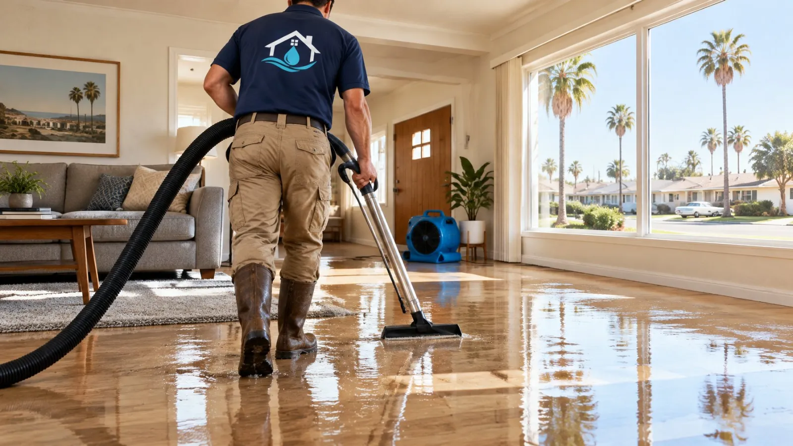 Technician seen from behind extracting water from a flooded living-room floor
