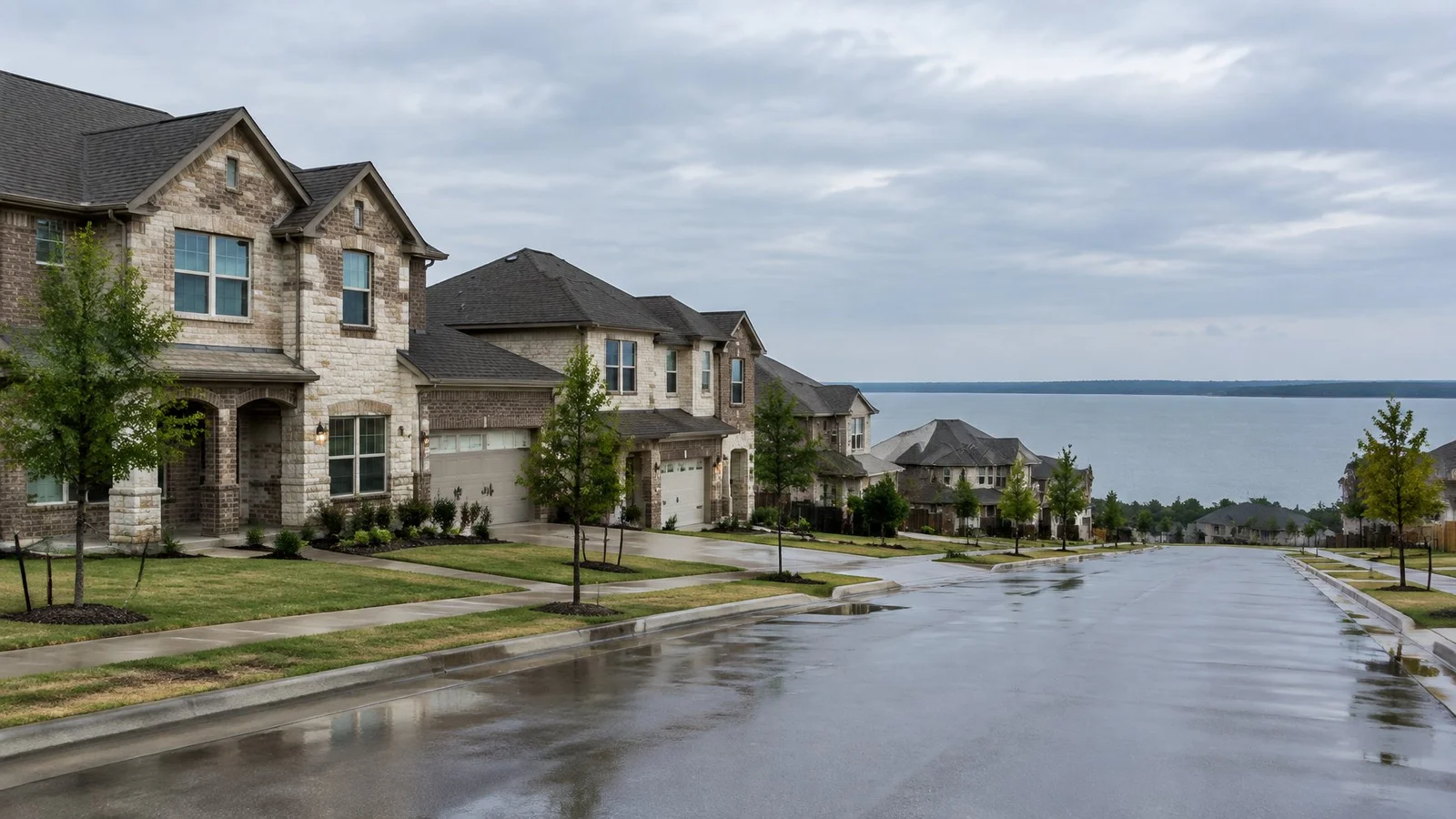 Newer brick tract homes on a wet Little Elm street with Lewisville Lake in the distance