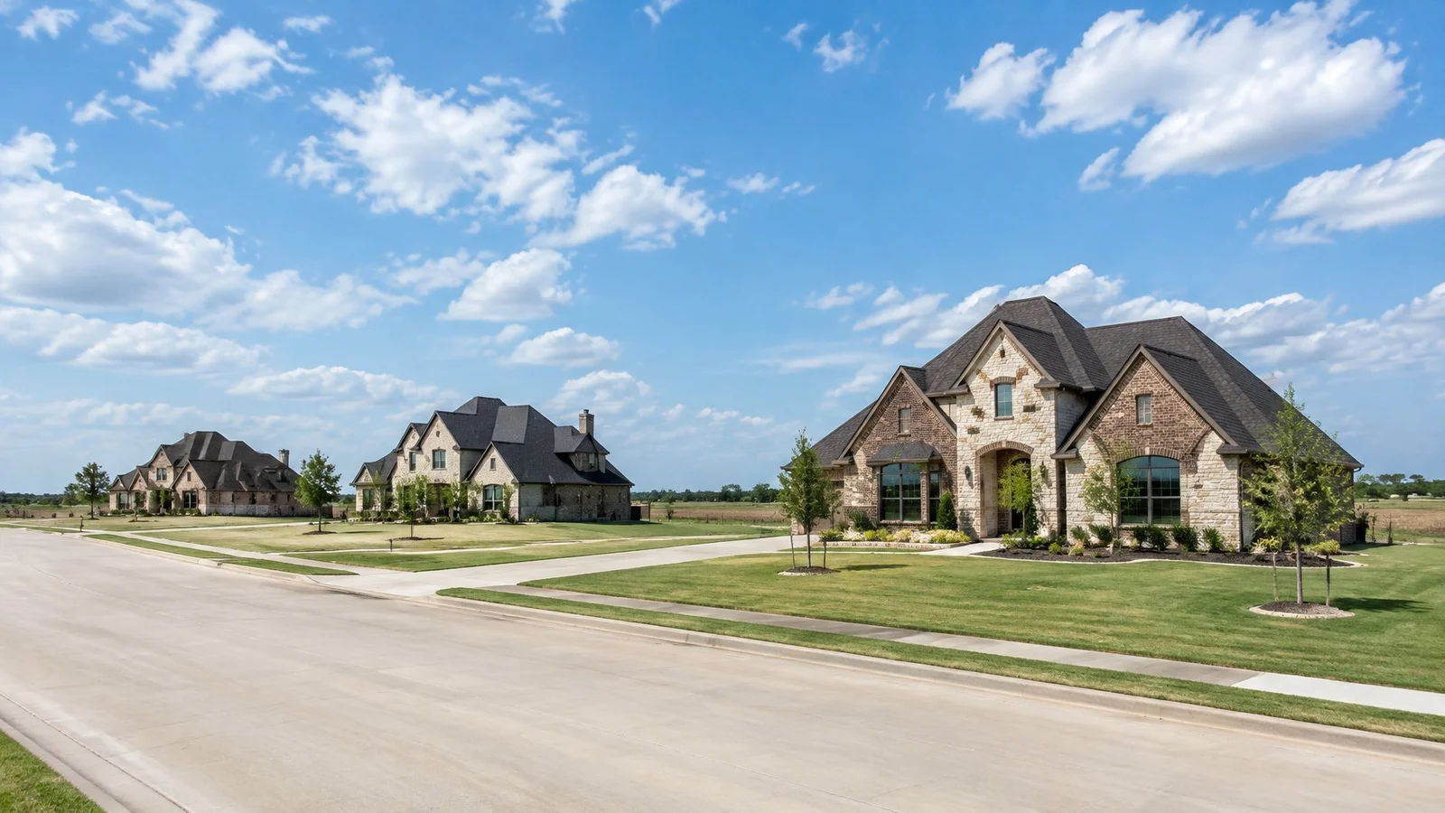 Large new brick homes on wide lots in Prosper under an open North Texas sky