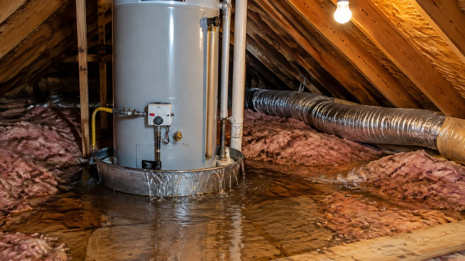 Water heater in an attic drain pan with water overflowing onto the decking